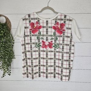 Zara Womens Cream Red Floral Short Sleeve Shirt Plaid Blouse Size Medium